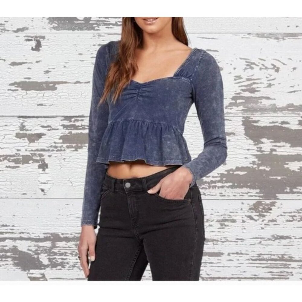 Roxy Womens Long-Sleeve Washed Blue Peplum Top Size S Cotton Blend